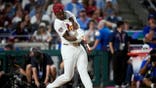 Jordan Walker swings during the Home Run Derby in Philadelphia.