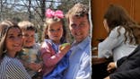 Split photo of Lindsay and Patrick Clancy with their kids and Lindsay in court