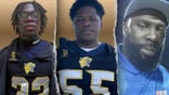 A three-panel composite showing Isaiah Simpson and Josiah Peeler in Cheltenham football jerseys alongside coach Terence Tolbert in a blue polo shirt.