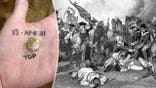 Split image of archaeologist holding artifact, Battle of Camden depiction