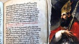 Split image of St Augustine next to medieval manuscript