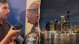 Split image showing a reporter holding a KOMO News 4 microphone toward Seattle Police Chief Shon Barnes, who wears a Seattle Police uniform, on the left, and the Chicago skyline lit up at night over the water on the right.
