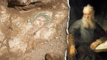 Split image of mosaic beneath dirt, depiction of Paul as an old man
