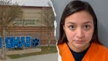 Split Image of the exterior of Gonzalez Middle School in Laredo, Texas and Adriana Rullan mugshot