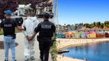 split image of suspect getting arrested on left, and beach town with homes on right