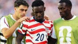 Folarin Balogun consoled by Giovanni Reyna and Timothy Weah after receiving a red card.