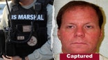 A composite image shows a U.S. Marshals tactical vest alongside a wanted photo of Ronald L. Fischer with a "Captured" banner after his arrest.
