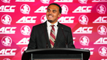 Ashton Daniels speaks during ACC Kickoff media days in Charlotte, North Carolina.