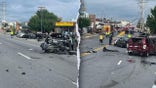 Cars flipped over at the scene where a bus crashed near Baltimore.