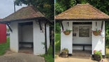 A rundown bus shelter has been transformed into a decorated shelter.