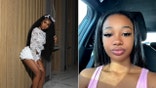 Two photos side by side of Brianna posing in a white outfit and her in a car