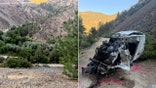 Split-screen view of mountain valley and mangled vehicle