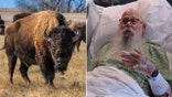 Carl Isom-McDaniel in the hospital with an image of a bison.