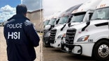 An HSI agent is pictured next to semi-trucks.