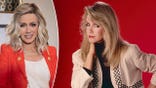 Donna Mills, seen on left in a red blazer in 2024 and on right in a studio photo shoot in 1983