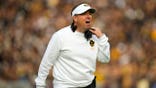 Eli Drinkwitz reacts on the sideline at Faurot Field at Memorial Stadium.