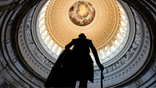 A sculpture of former U.S. President George Washington in the Rotunda of the U.S. Capitol on April 8, 2026.