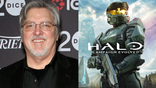 Side-by-side image of video game composer Marty O'Donnell smiling at an event and promotional artwork for Halo: Campaign Evolved featuring Master Chief in green armor.