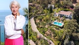 Helen Mirren smiles outdoors beside a waterfront, shown next to an aerial view of a hillside estate.