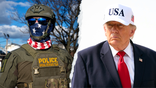 Donald Trump across from a masked ICE agent