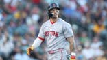 Jarren Duran of the Boston Red Sox looks on after an at-bat.