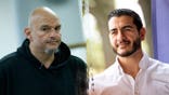 A split image showing John Fetterman walking and Abdul El-Sayed waiting to speak.