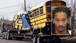 image shows bus being towed by truck and mug shot