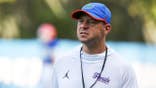 Jon Sumrall watches drills during spring practice at Sanders Practice Fields.