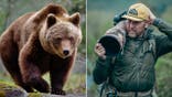 split photo of grizzly bear and a man holding a large camera lens