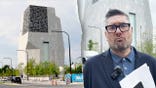 Split image showing an aerial view of the Obama Presidential Center and a man holding documents outside the building.