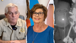 A three-way split image showing, from left, Pima County Sheriff Chris Nanos, missing Nancy Guthrie, and a masked suspect who appeared on Guthrie's front steps in Nest doorbell video.