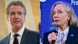 A split image of California Gov. Gavin Newsom and Virginia Gov. Abigail Spanberger
