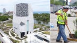 Split image showing the Obama Presidential Center in Chicago and a construction worker on the project.