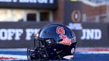 Ole Miss Rebels helmet displayed before the College Football Playoff game at Vaught-Hemingway Stadium.