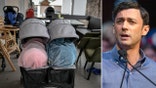 Sen. Jon Ossoff, D-Ga., next to an image of baby strollers