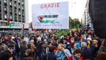 Demonstrators gather during a protest supporting the Global Sumud Flotilla in Milan.