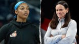 Angel Reese in an Atlanta Dream jacket appears next to Sandy Brondello standing courtside with her arms crossed in a split image.