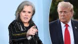 A split image of Rosie O'Donnell pointing her finger and Donald Trump posing for a photo outside