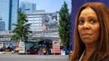 A split image of a homeless encampment in New York City and Letitia James