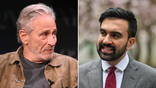 Photos arranged of Jon Stewart and Zohran Mamdani