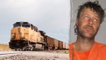 Daniel Ray Ballance booking photo Sedgwick County Sheriff's Office, Colorado; Union Pacific Railroad train approaches on tracks.