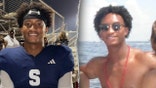 Split image of Nolan Wells: at left, Wells smiles in a navy football uniform at a stadium; at right, he wears sunglasses on a boat with the ocean behind him.