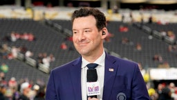 Tony Romo broadcasting during Super Bowl LVIII on Sunday, February 11, 2024, at Allegiant Stadium in Las Vegas, Nevada.