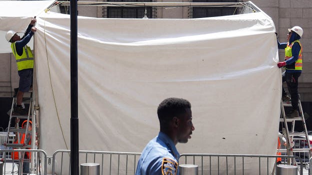 A tent is erected near Madison Square Garden, seemingly for Taylor Swift's rumored wedding