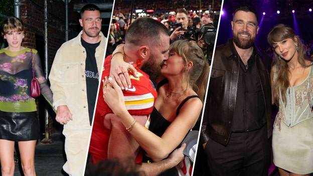 A three-way split of Taylor Swift and Travis Kelce through the years.