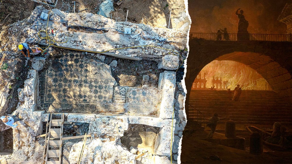 Split image of aerial view of barracks, archaeologists next to painting of Rome burning
