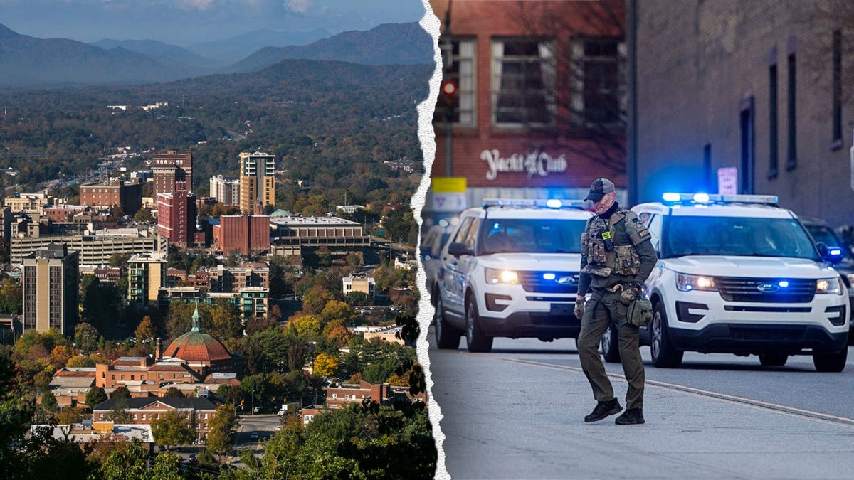 Split image shows downtown Asheville and the surrounding Blue Ridge Mountains alongside law enforcement officers and police vehicles in the city.