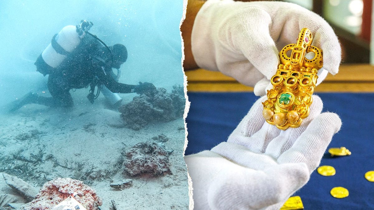Split image of diver at shipwreck, view of gold jewelry