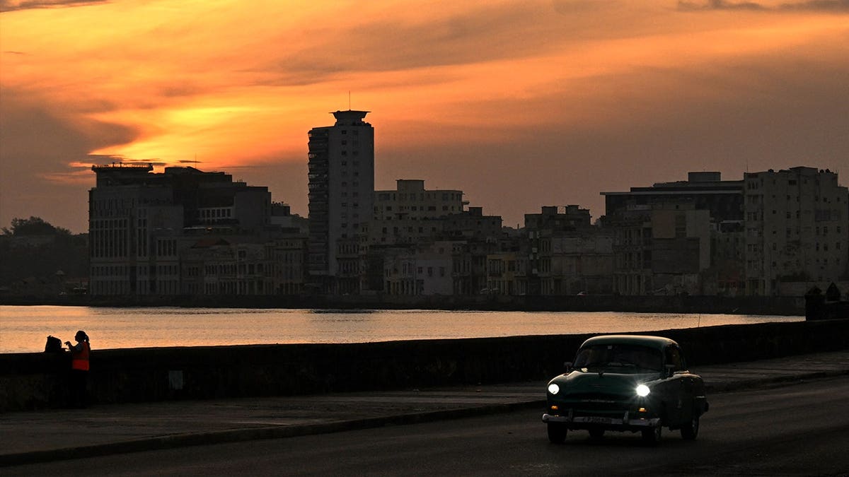 View of Cuban buildings with no power at sunset