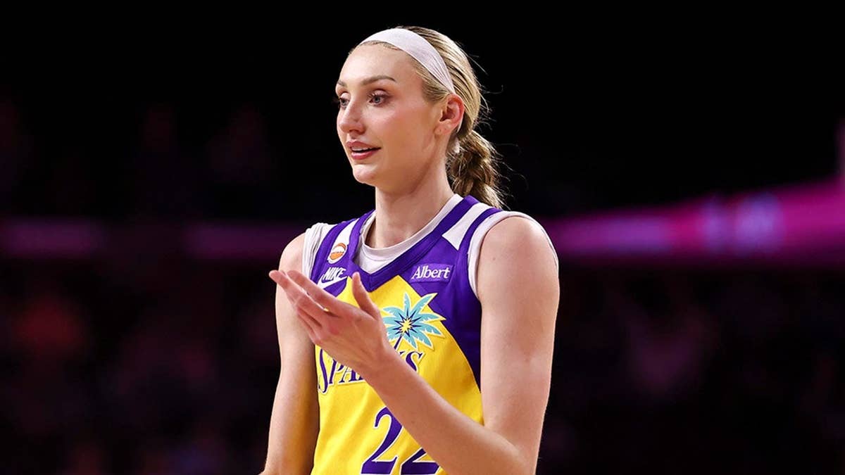 Cameron Brink gestures a Los Angeles Sparks game